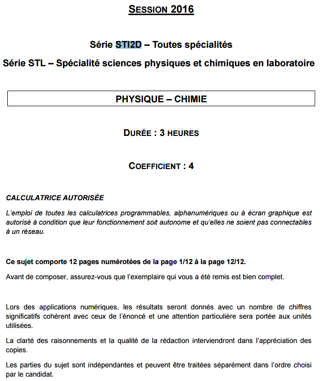 Sujet Bac STI2D - STL 2016 Polynsie Physique Chimie : image 1