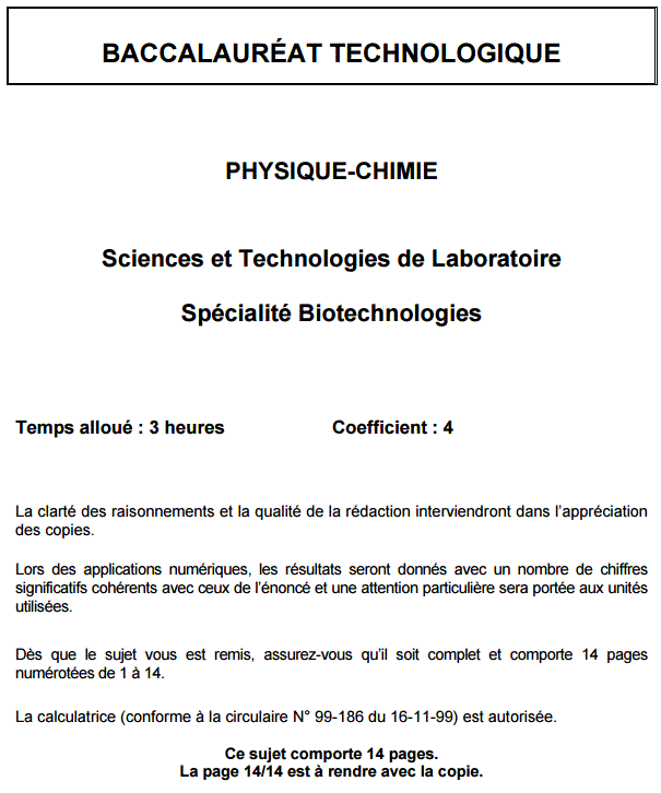 Sujet et correction Physique Chimie Bac STL Biotechnologies 2016 Polynésie : image 1