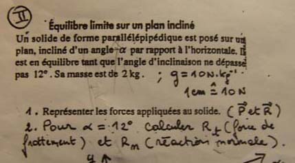 Equilibre limite sur un plan inclin