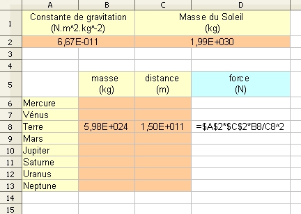 Gravitation universelle, tableau  faire sur Excel, je gal