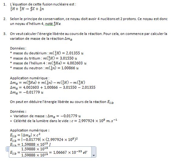 Energie libre lors d\'une raction nuclaire (calcul)