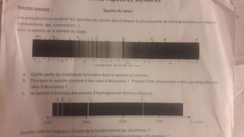 Exercice de physique 2nde sur le spectre du soleil