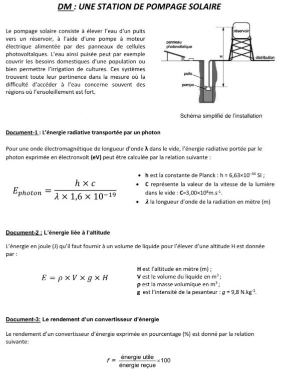 Devoir maison : enseignement scientifique physique terminale 