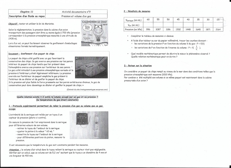 Pression et volume d\'un gaz 