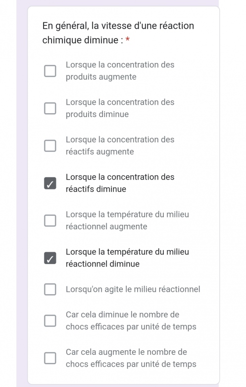 QCM sur les vitesse de reaction