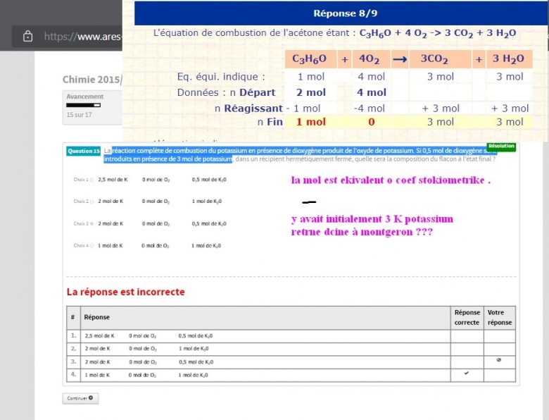 Reaction combustion avec reactifs et nombre de mol produit