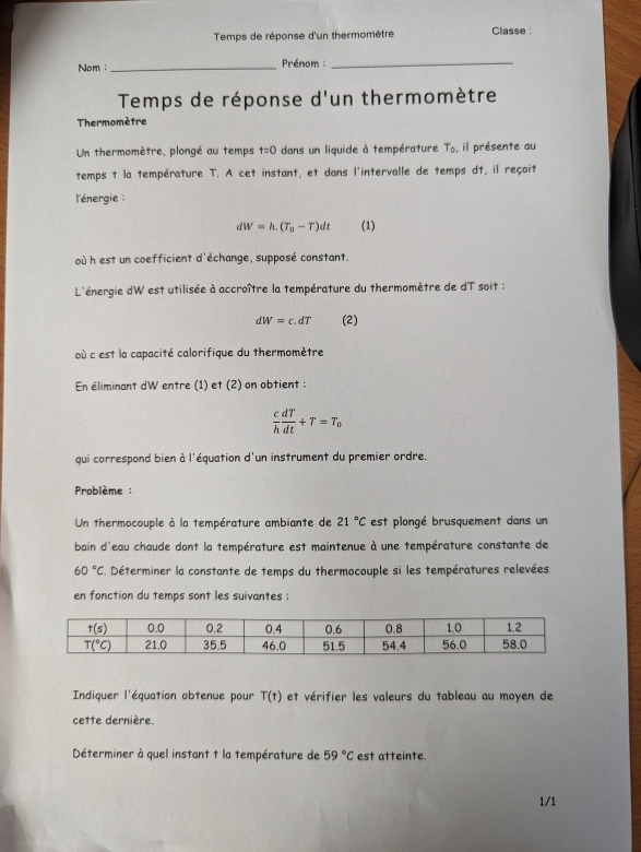 Temps de rponse d\'un thermomtre