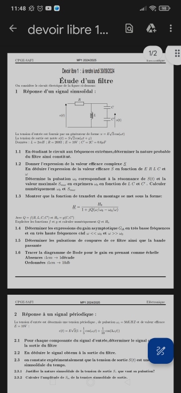 Rponse d\'un signal sinusodal